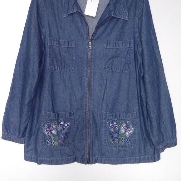 Womens Denim Shirt Embroidered Pocket Full zip - Picture 2 of 10
